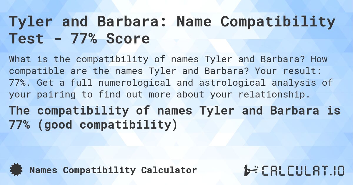Tyler and Barbara: Name Compatibility Test - 77% Score. How compatible are the names Tyler and Barbara? Your result: 77%. Get a full numerological and astrological analysis of your pairing to find out more about your relationship.