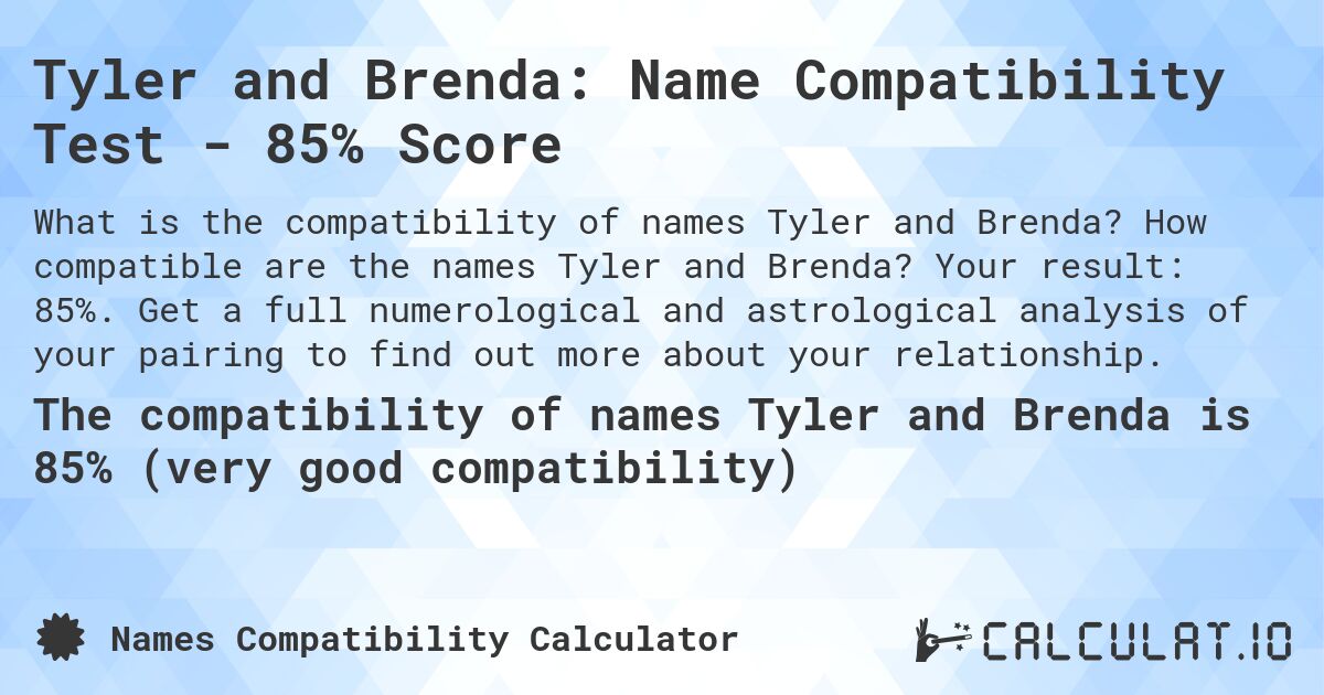 Tyler and Brenda: Name Compatibility Test - 85% Score. How compatible are the names Tyler and Brenda? Your result: 85%. Get a full numerological and astrological analysis of your pairing to find out more about your relationship.