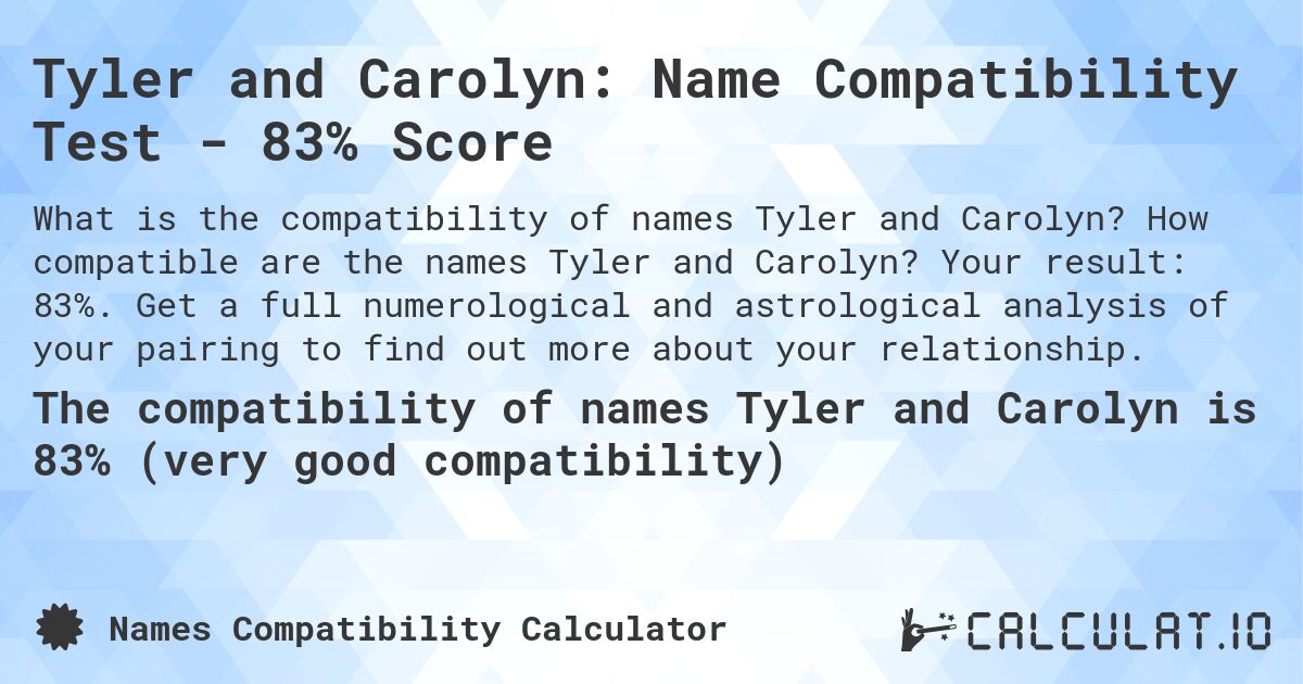 Tyler and Carolyn: Name Compatibility Test - 83% Score. How compatible are the names Tyler and Carolyn? Your result: 83%. Get a full numerological and astrological analysis of your pairing to find out more about your relationship.