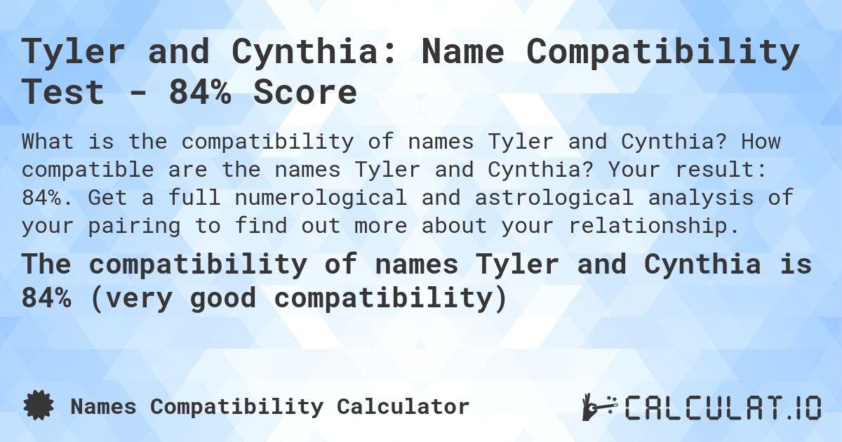 Tyler and Cynthia: Name Compatibility Test - 84% Score. How compatible are the names Tyler and Cynthia? Your result: 84%. Get a full numerological and astrological analysis of your pairing to find out more about your relationship.