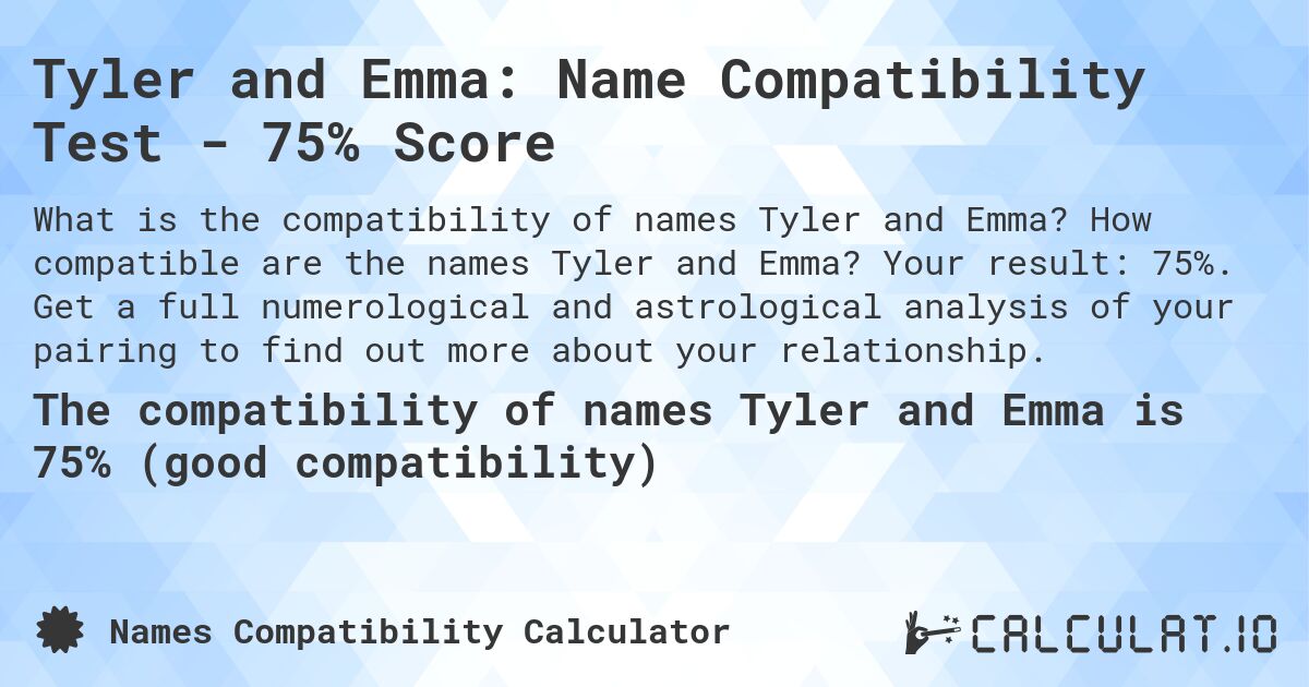 Tyler and Emma: Name Compatibility Test - 75% Score. How compatible are the names Tyler and Emma? Your result: 75%. Get a full numerological and astrological analysis of your pairing to find out more about your relationship.