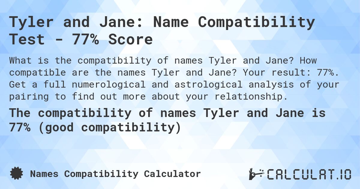 Tyler and Jane: Name Compatibility Test - 77% Score. How compatible are the names Tyler and Jane? Your result: 77%. Get a full numerological and astrological analysis of your pairing to find out more about your relationship.