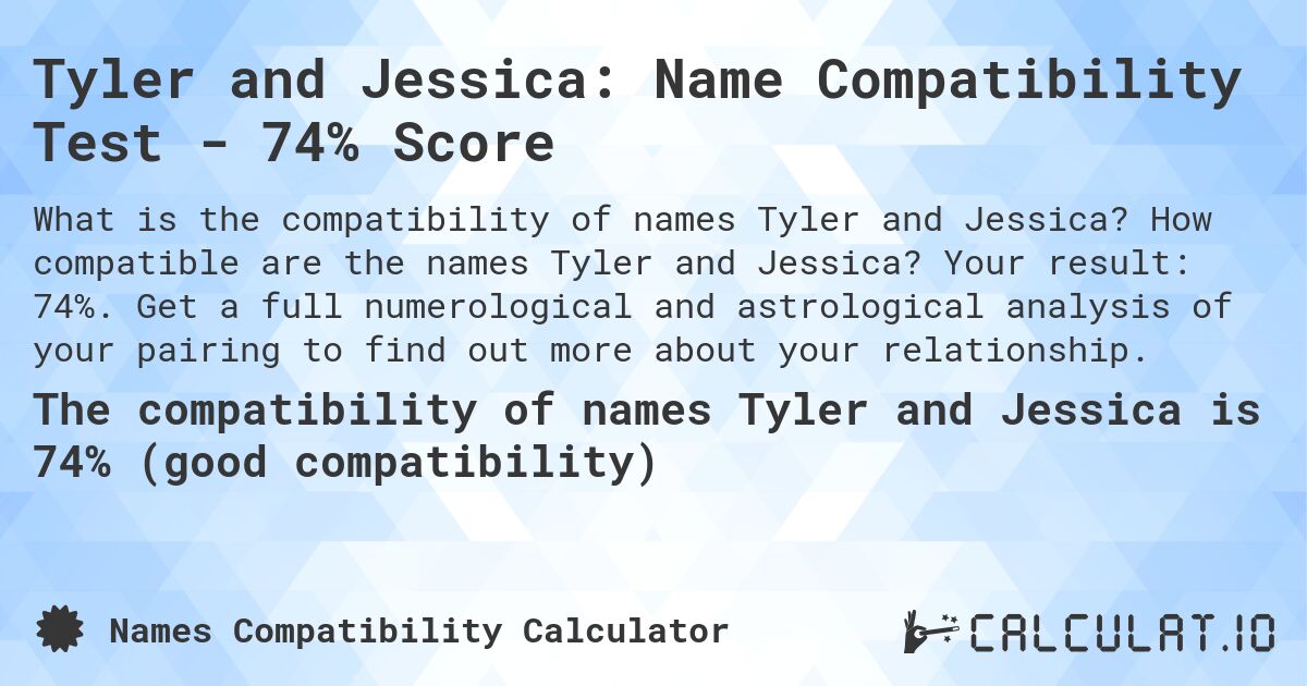 Tyler and Jessica: Name Compatibility Test - 74% Score. How compatible are the names Tyler and Jessica? Your result: 74%. Get a full numerological and astrological analysis of your pairing to find out more about your relationship.