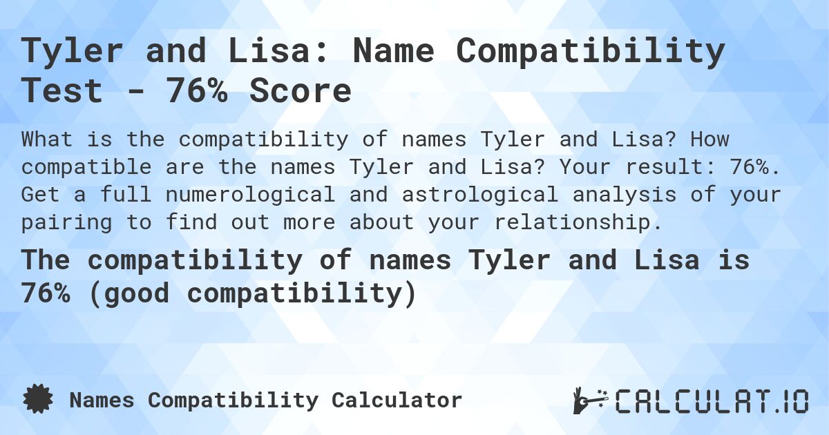 Tyler and Lisa: Name Compatibility Test - 76% Score. How compatible are the names Tyler and Lisa? Your result: 76%. Get a full numerological and astrological analysis of your pairing to find out more about your relationship.