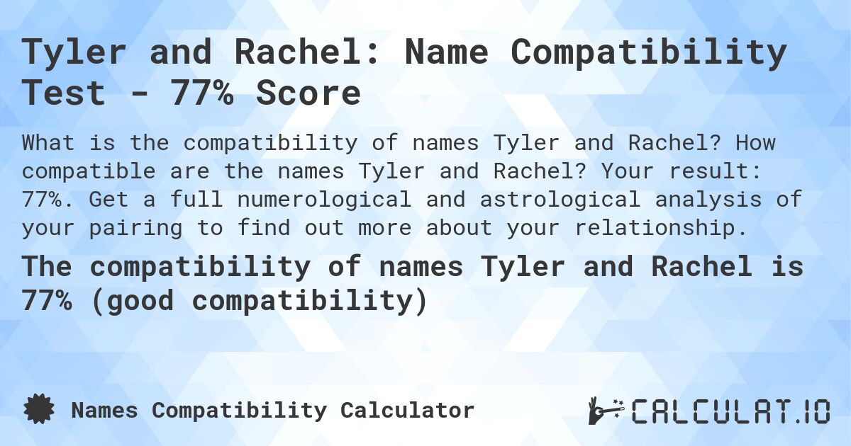 Tyler and Rachel: Name Compatibility Test - 77% Score. How compatible are the names Tyler and Rachel? Your result: 77%. Get a full numerological and astrological analysis of your pairing to find out more about your relationship.