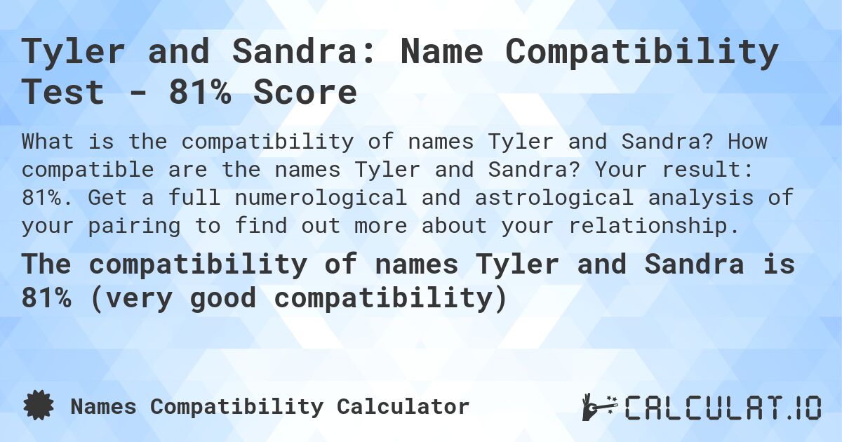 Tyler and Sandra: Name Compatibility Test - 81% Score. How compatible are the names Tyler and Sandra? Your result: 81%. Get a full numerological and astrological analysis of your pairing to find out more about your relationship.