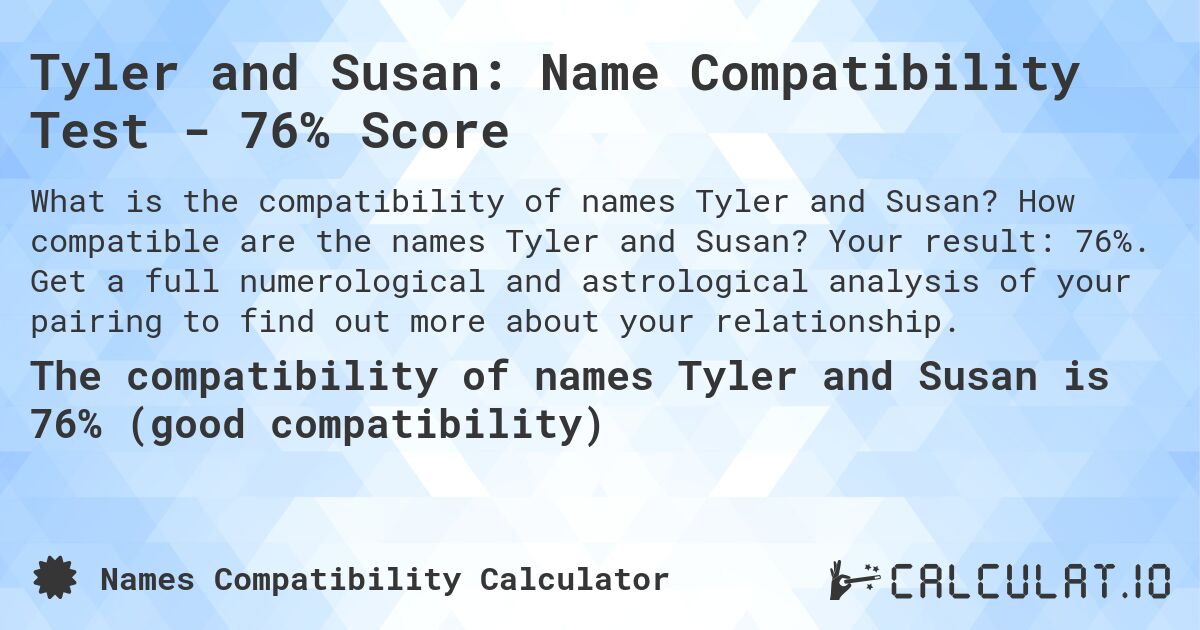 Tyler and Susan: Name Compatibility Test - 76% Score. How compatible are the names Tyler and Susan? Your result: 76%. Get a full numerological and astrological analysis of your pairing to find out more about your relationship.