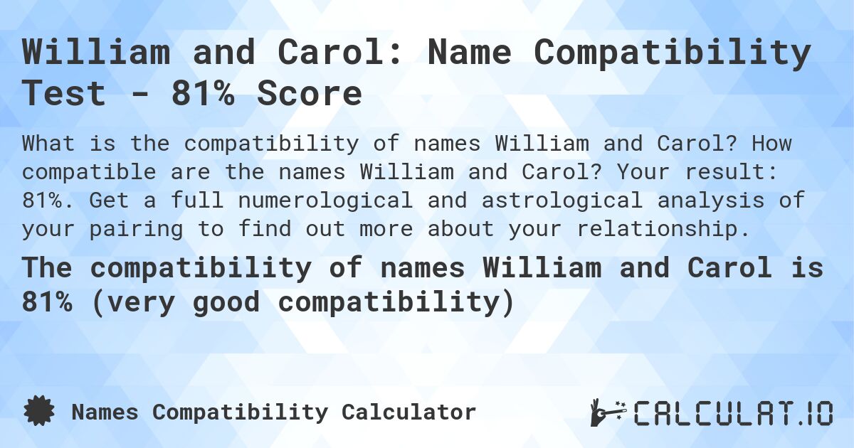William and Carol: Name Compatibility Test - 81% Score. How compatible are the names William and Carol? Your result: 81%. Get a full numerological and astrological analysis of your pairing to find out more about your relationship.