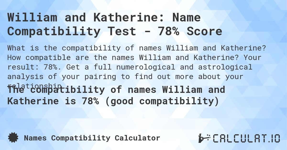 William and Katherine: Name Compatibility Test - 78% Score. How compatible are the names William and Katherine? Your result: 78%. Get a full numerological and astrological analysis of your pairing to find out more about your relationship.