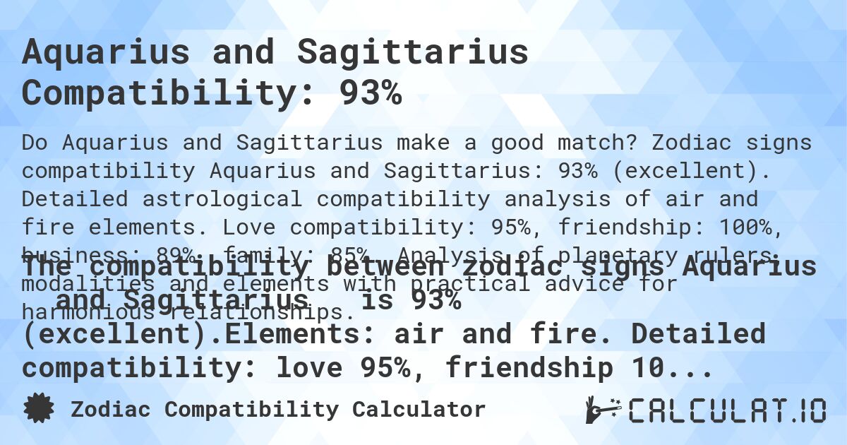 Aquarius and Sagittarius Compatibility: 93%. Zodiac signs compatibility Aquarius and Sagittarius: 93% (excellent). Detailed astrological compatibility analysis of air and fire elements. Love compatibility: 95%, friendship: 100%, business: 89%, family: 85%. Analysis of planetary rulers, modalities and elements with practical advice for harmonious relationships.