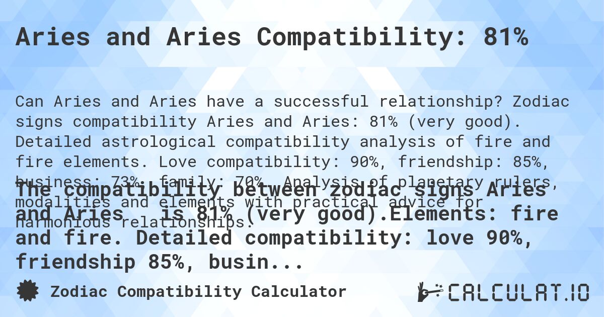 Aries and Aries Compatibility: 81%. Zodiac signs compatibility Aries and Aries: 81% (very good). Detailed astrological compatibility analysis of fire and fire elements. Love compatibility: 90%, friendship: 85%, business: 73%, family: 70%. Analysis of planetary rulers, modalities and elements with practical advice for harmonious relationships.