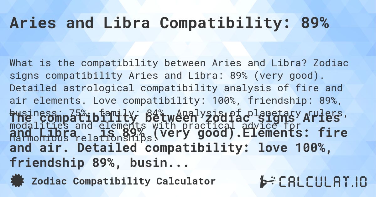 Aries and Libra Compatibility: 89%. Zodiac signs compatibility Aries and Libra: 89% (very good). Detailed astrological compatibility analysis of fire and air elements. Love compatibility: 100%, friendship: 89%, business: 75%, family: 84%. Analysis of planetary rulers, modalities and elements with practical advice for harmonious relationships.