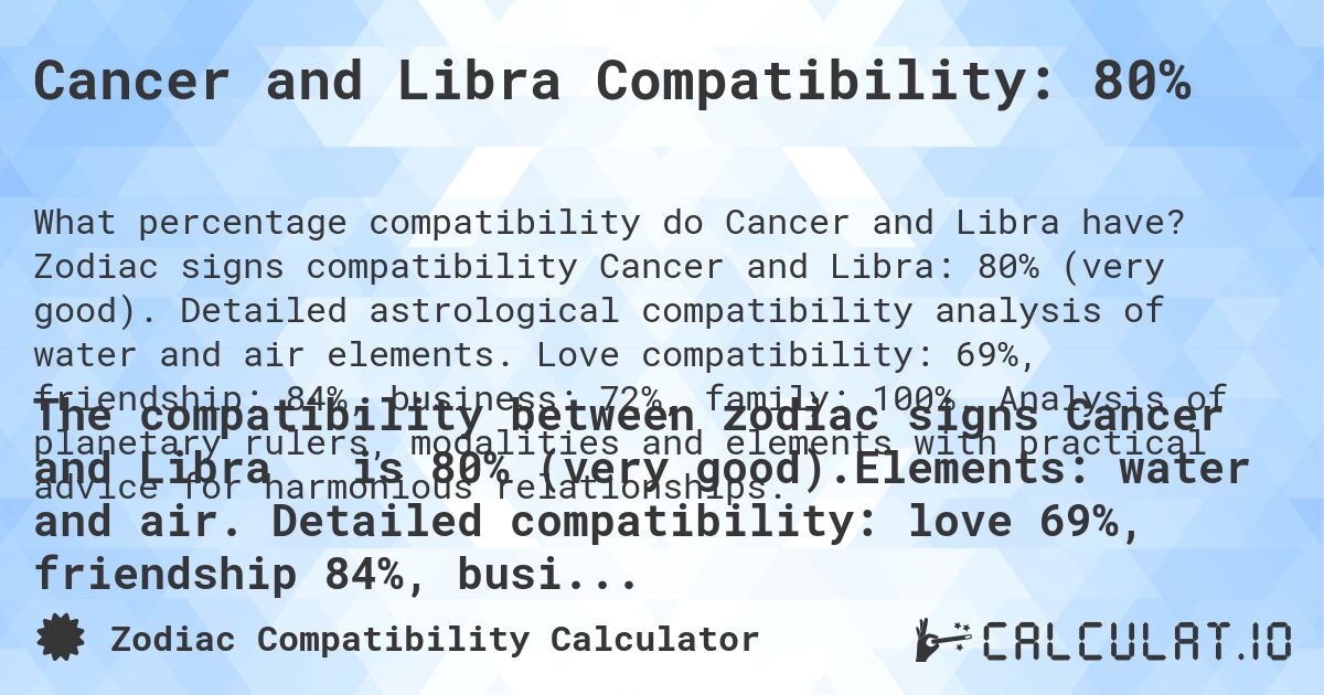 Cancer and Libra Compatibility: 80%. Zodiac signs compatibility Cancer and Libra: 80% (very good). Detailed astrological compatibility analysis of water and air elements. Love compatibility: 69%, friendship: 84%, business: 72%, family: 100%. Analysis of planetary rulers, modalities and elements with practical advice for harmonious relationships.
