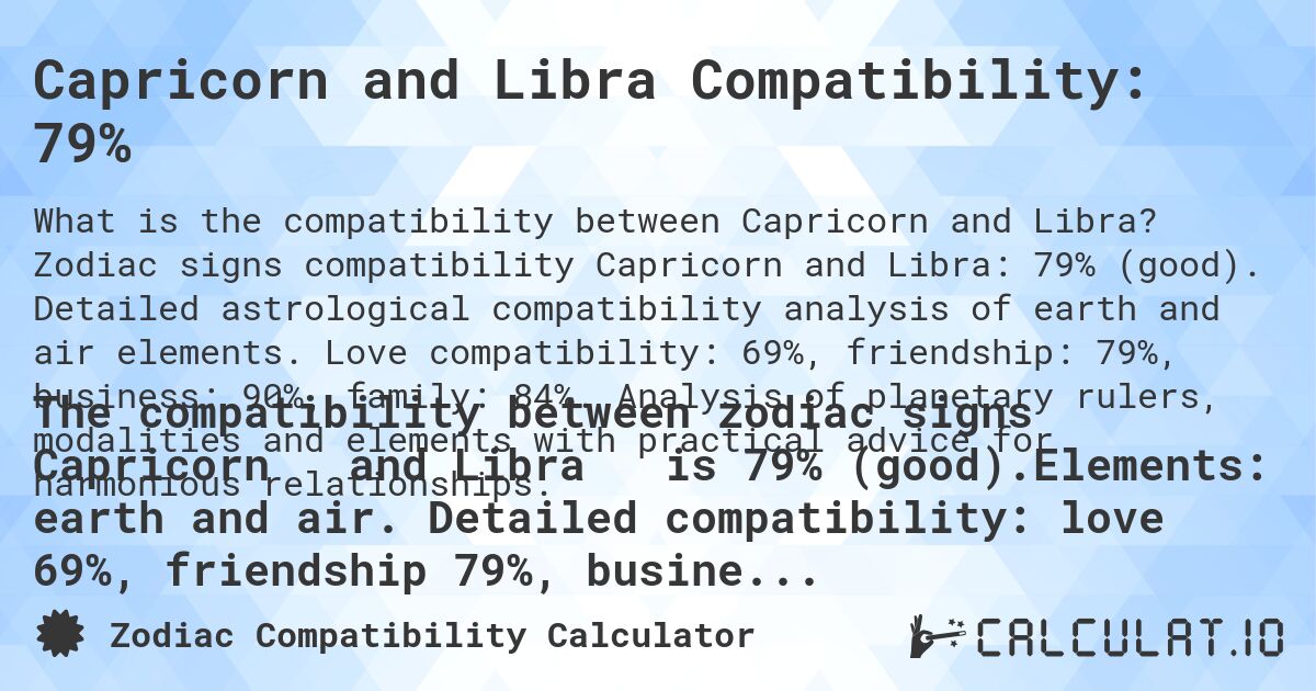 Capricorn and Libra Compatibility: 79%. Zodiac signs compatibility Capricorn and Libra: 79% (good). Detailed astrological compatibility analysis of earth and air elements. Love compatibility: 69%, friendship: 79%, business: 90%, family: 84%. Analysis of planetary rulers, modalities and elements with practical advice for harmonious relationships.