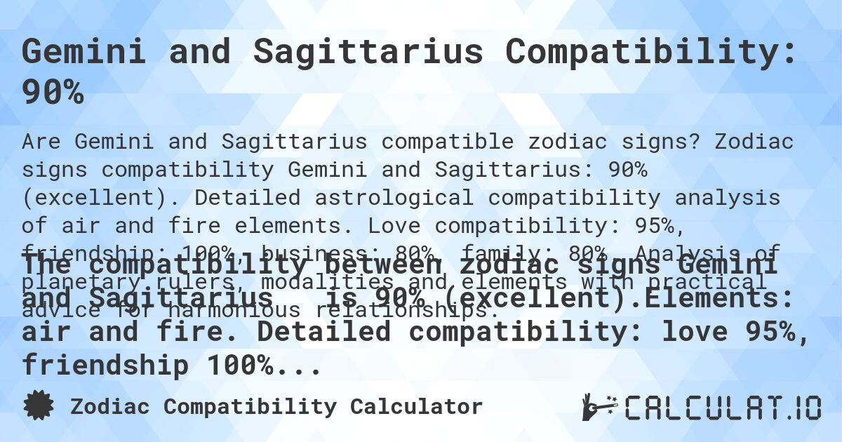 Gemini and Sagittarius Compatibility: 90%. Zodiac signs compatibility Gemini and Sagittarius: 90% (excellent). Detailed astrological compatibility analysis of air and fire elements. Love compatibility: 95%, friendship: 100%, business: 80%, family: 80%. Analysis of planetary rulers, modalities and elements with practical advice for harmonious relationships.