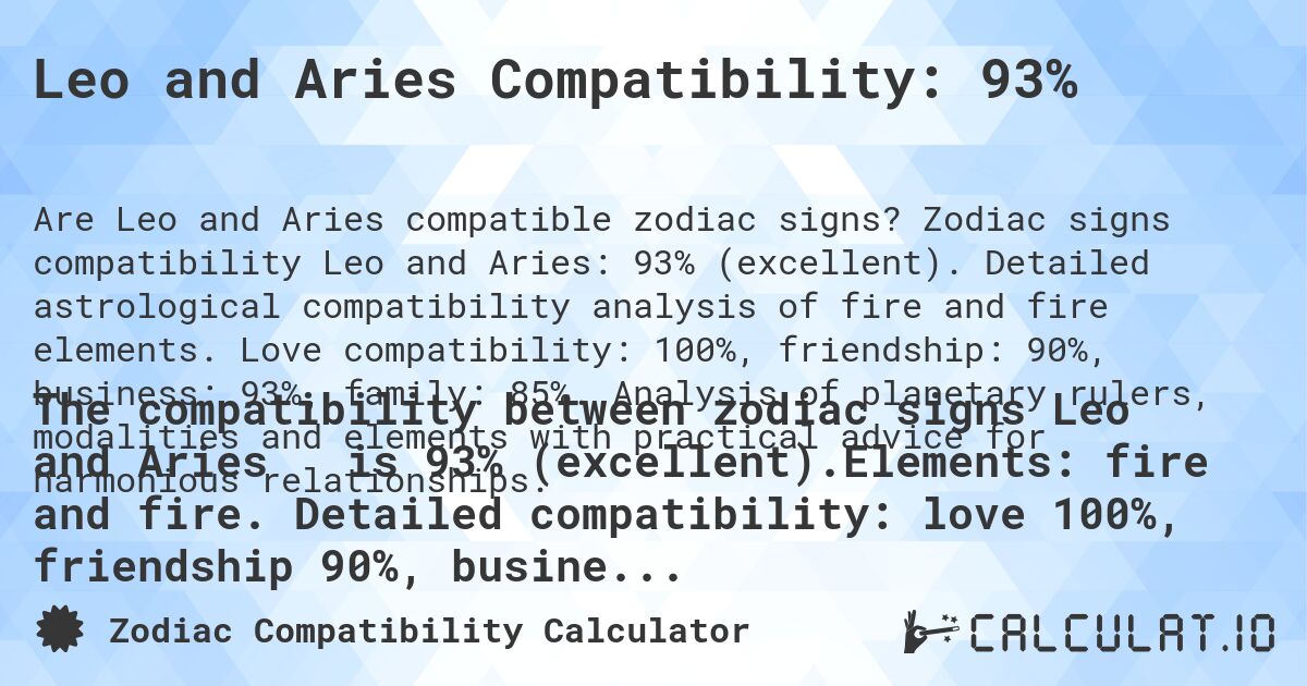 Leo and Aries Compatibility: 93%. Zodiac signs compatibility Leo and Aries: 93% (excellent). Detailed astrological compatibility analysis of fire and fire elements. Love compatibility: 100%, friendship: 90%, business: 93%, family: 85%. Analysis of planetary rulers, modalities and elements with practical advice for harmonious relationships.