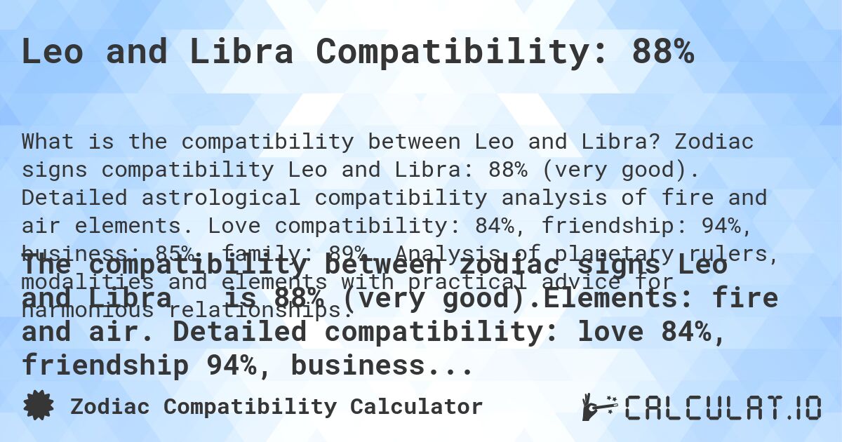 Leo and Libra Compatibility: 88%. Zodiac signs compatibility Leo and Libra: 88% (very good). Detailed astrological compatibility analysis of fire and air elements. Love compatibility: 84%, friendship: 94%, business: 85%, family: 89%. Analysis of planetary rulers, modalities and elements with practical advice for harmonious relationships.