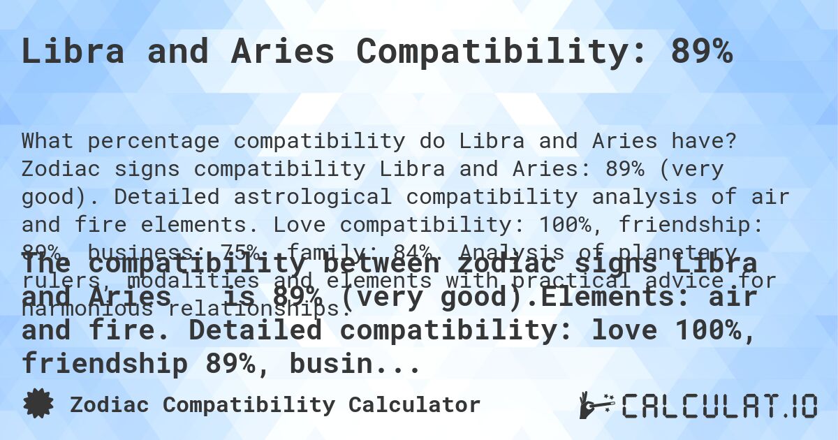 Libra and Aries Compatibility: 89%. Zodiac signs compatibility Libra and Aries: 89% (very good). Detailed astrological compatibility analysis of air and fire elements. Love compatibility: 100%, friendship: 89%, business: 75%, family: 84%. Analysis of planetary rulers, modalities and elements with practical advice for harmonious relationships.
