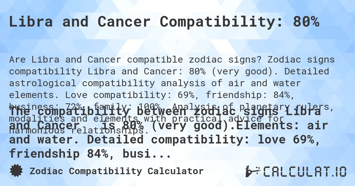 Libra and Cancer Compatibility: 80%. Zodiac signs compatibility Libra and Cancer: 80% (very good). Detailed astrological compatibility analysis of air and water elements. Love compatibility: 69%, friendship: 84%, business: 72%, family: 100%. Analysis of planetary rulers, modalities and elements with practical advice for harmonious relationships.