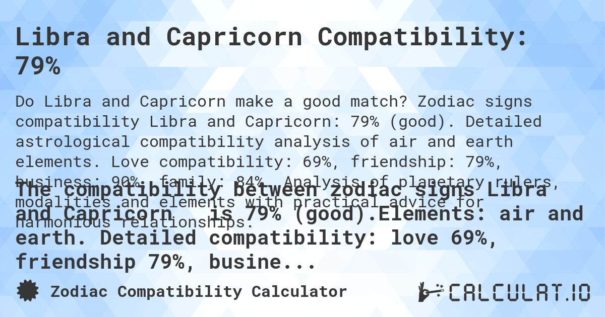 Libra and Capricorn Compatibility: 79%. Zodiac signs compatibility Libra and Capricorn: 79% (good). Detailed astrological compatibility analysis of air and earth elements. Love compatibility: 69%, friendship: 79%, business: 90%, family: 84%. Analysis of planetary rulers, modalities and elements with practical advice for harmonious relationships.