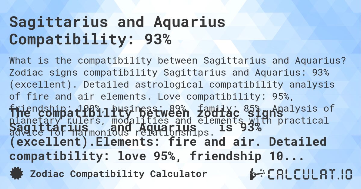 Sagittarius and Aquarius Compatibility: 93%. Zodiac signs compatibility Sagittarius and Aquarius: 93% (excellent). Detailed astrological compatibility analysis of fire and air elements. Love compatibility: 95%, friendship: 100%, business: 89%, family: 85%. Analysis of planetary rulers, modalities and elements with practical advice for harmonious relationships.