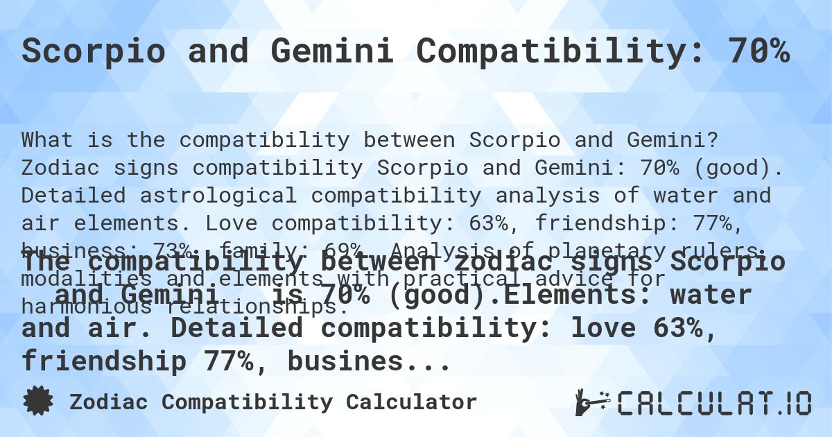 Scorpio and Gemini Compatibility: 70%. Zodiac signs compatibility Scorpio and Gemini: 70% (good). Detailed astrological compatibility analysis of water and air elements. Love compatibility: 63%, friendship: 77%, business: 73%, family: 69%. Analysis of planetary rulers, modalities and elements with practical advice for harmonious relationships.