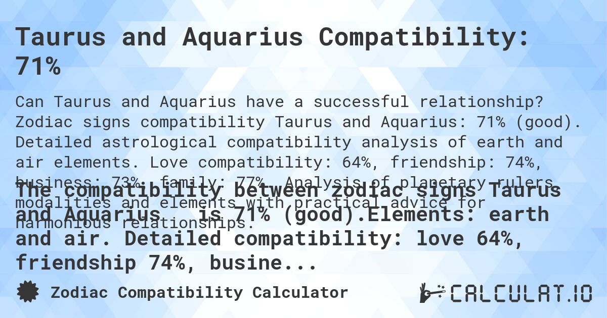 Taurus and Aquarius Compatibility: 71%. Zodiac signs compatibility Taurus and Aquarius: 71% (good). Detailed astrological compatibility analysis of earth and air elements. Love compatibility: 64%, friendship: 74%, business: 73%, family: 77%. Analysis of planetary rulers, modalities and elements with practical advice for harmonious relationships.