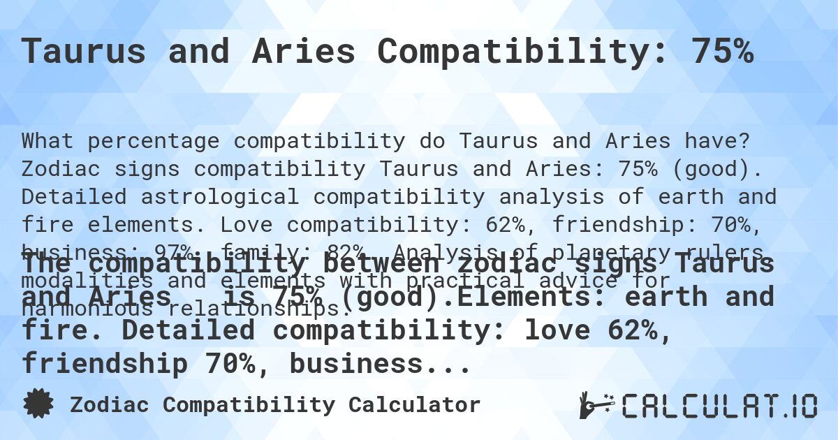 Taurus and Aries Compatibility: 75%. Zodiac signs compatibility Taurus and Aries: 75% (good). Detailed astrological compatibility analysis of earth and fire elements. Love compatibility: 62%, friendship: 70%, business: 97%, family: 82%. Analysis of planetary rulers, modalities and elements with practical advice for harmonious relationships.