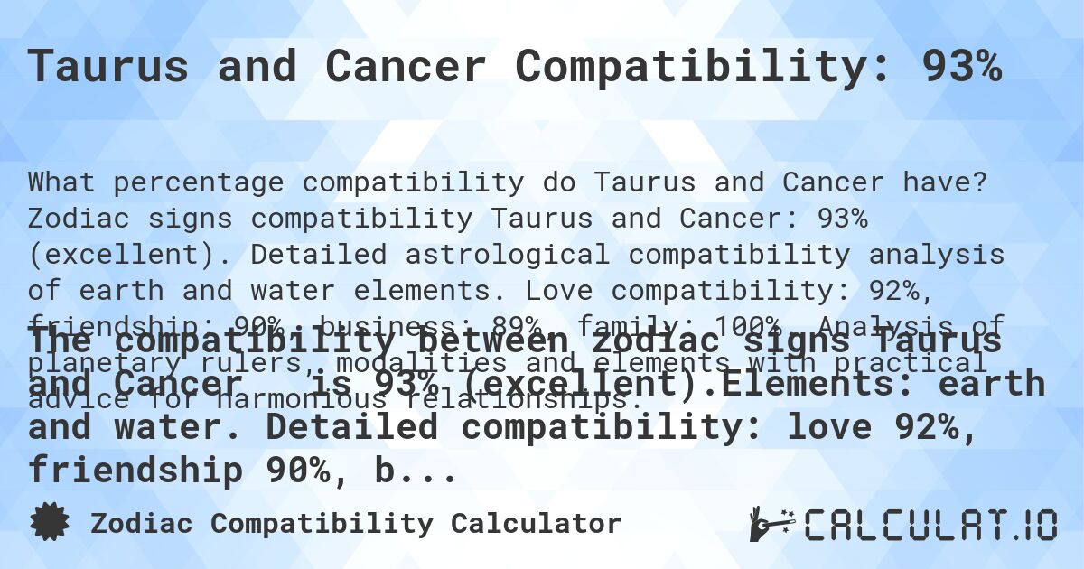 Taurus and Cancer Compatibility: 93%. Zodiac signs compatibility Taurus and Cancer: 93% (excellent). Detailed astrological compatibility analysis of earth and water elements. Love compatibility: 92%, friendship: 90%, business: 89%, family: 100%. Analysis of planetary rulers, modalities and elements with practical advice for harmonious relationships.