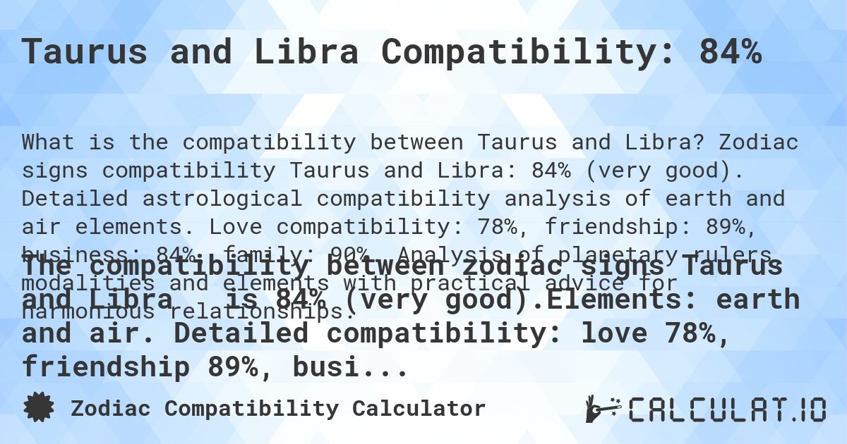 Taurus and Libra Compatibility: 84%. Zodiac signs compatibility Taurus and Libra: 84% (very good). Detailed astrological compatibility analysis of earth and air elements. Love compatibility: 78%, friendship: 89%, business: 84%, family: 90%. Analysis of planetary rulers, modalities and elements with practical advice for harmonious relationships.