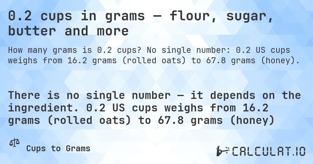 0.2 cups in grams — flour, sugar, butter and more. No single number: 0.2 US cups weighs from 16.2 grams (rolled oats) to 67.8 grams (honey).