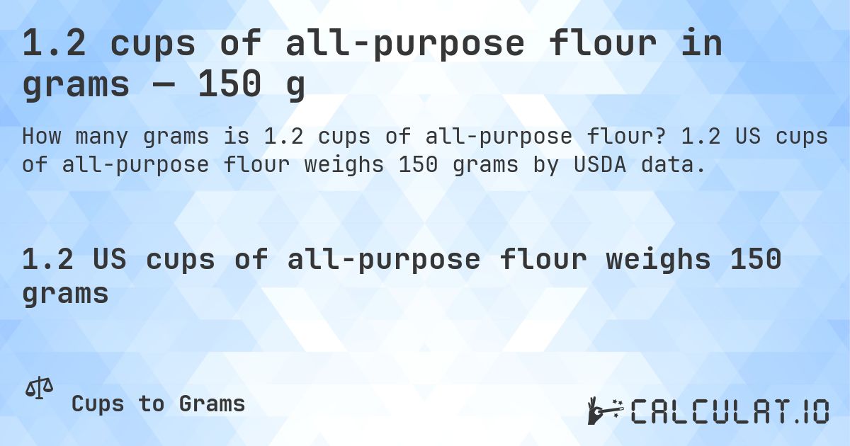 1.2 cups of all-purpose flour in grams — 150 g. 1.2 US cups of all-purpose flour weighs 150 grams by USDA data.