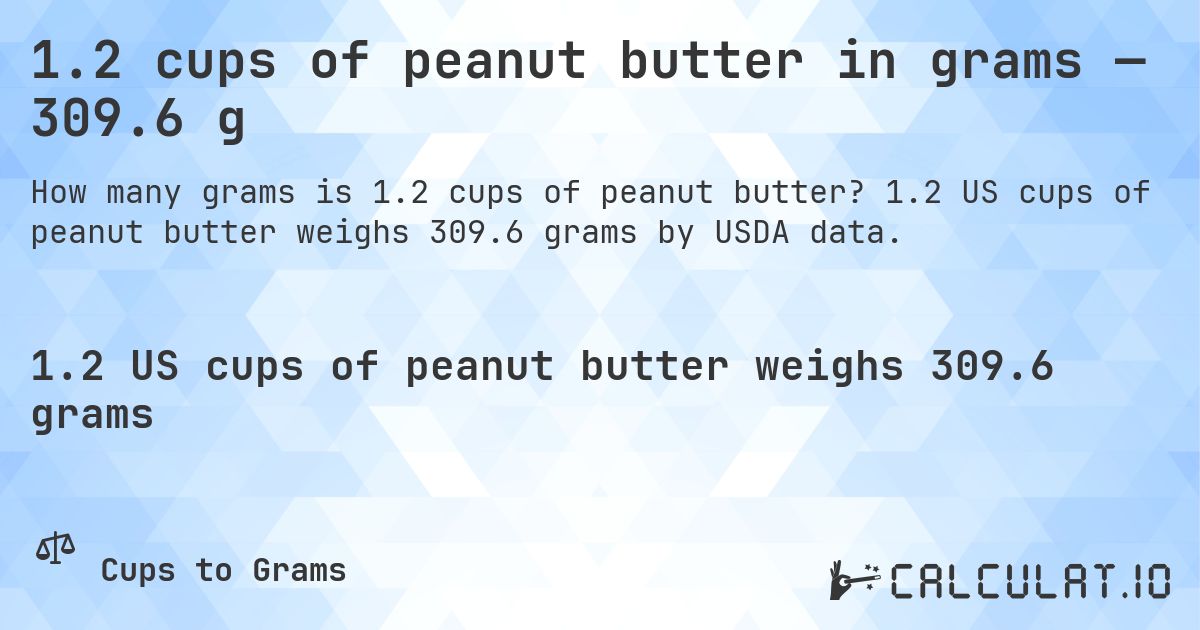1.2 cups of peanut butter in grams — 309.6 g. 1.2 US cups of peanut butter weighs 309.6 grams by USDA data.