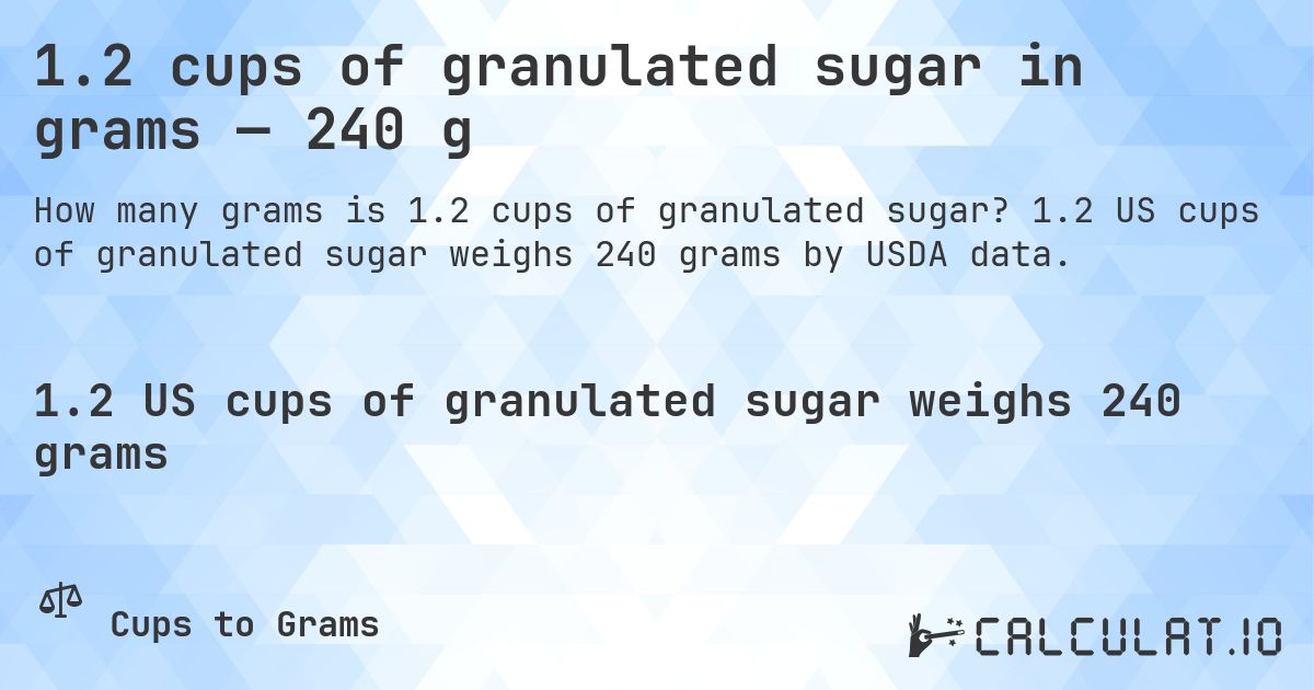 1.2 cups of granulated sugar in grams — 240 g. 1.2 US cups of granulated sugar weighs 240 grams by USDA data.