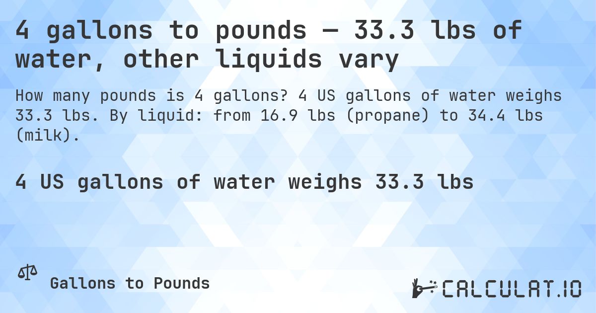 4 gallons to pounds — 33.3 lbs of water, other liquids vary. 4 US gallons of water weighs 33.3 lbs. By liquid: from 16.9 lbs (propane) to 34.4 lbs (milk).