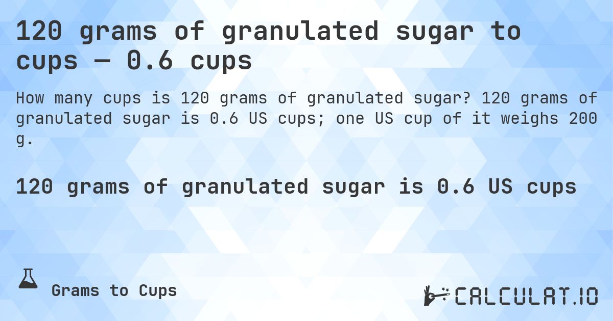 120 grams of granulated sugar to cups — 0.6 cups. 120 grams of granulated sugar is 0.6 US cups; one US cup of it weighs 200 g.