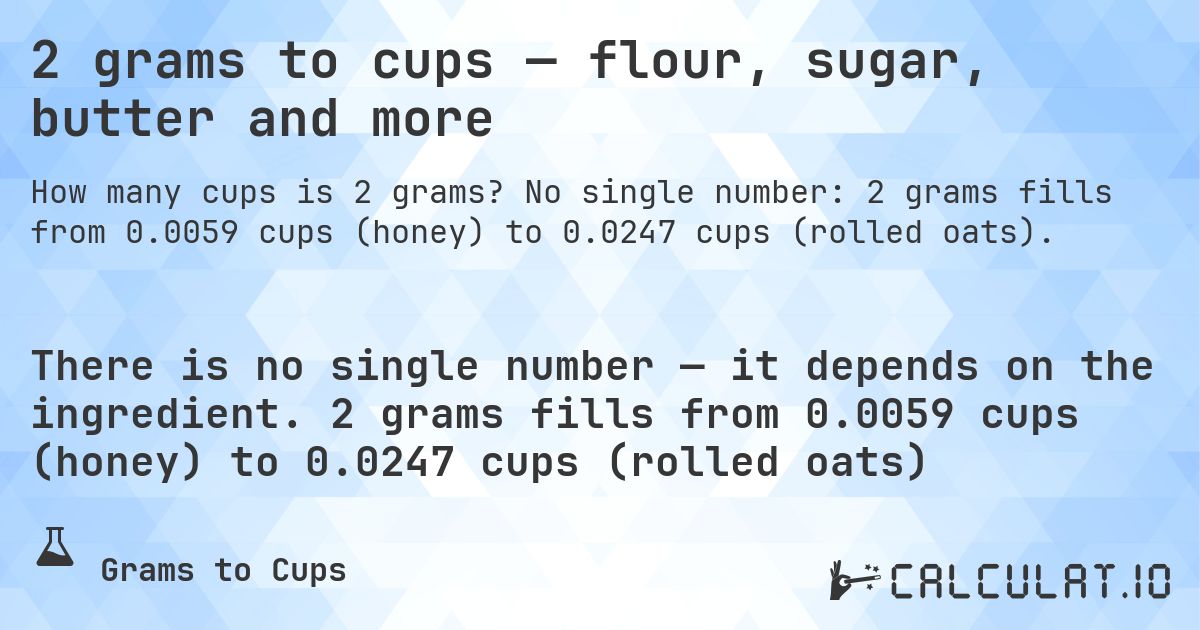 2 grams to cups — flour, sugar, butter and more. No single number: 2 grams fills from 0.0059 cups (honey) to 0.0247 cups (rolled oats).