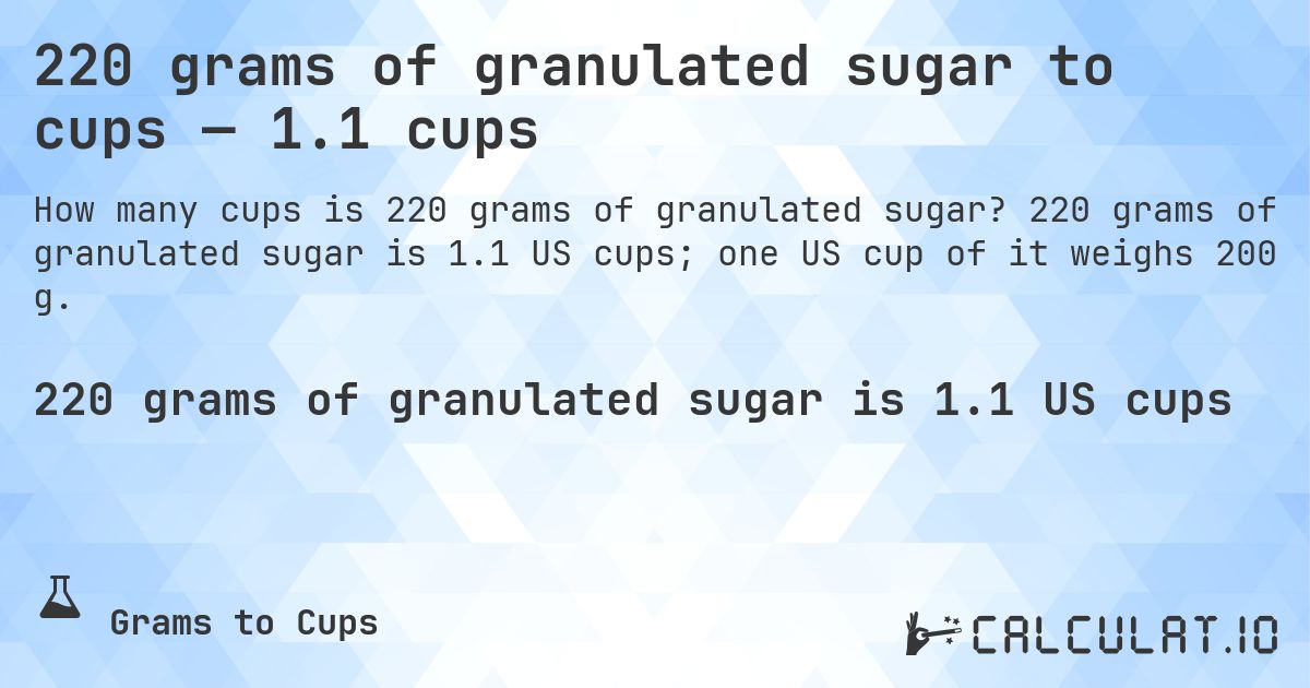 220 grams of granulated sugar to cups — 1.1 cups. 220 grams of granulated sugar is 1.1 US cups; one US cup of it weighs 200 g.