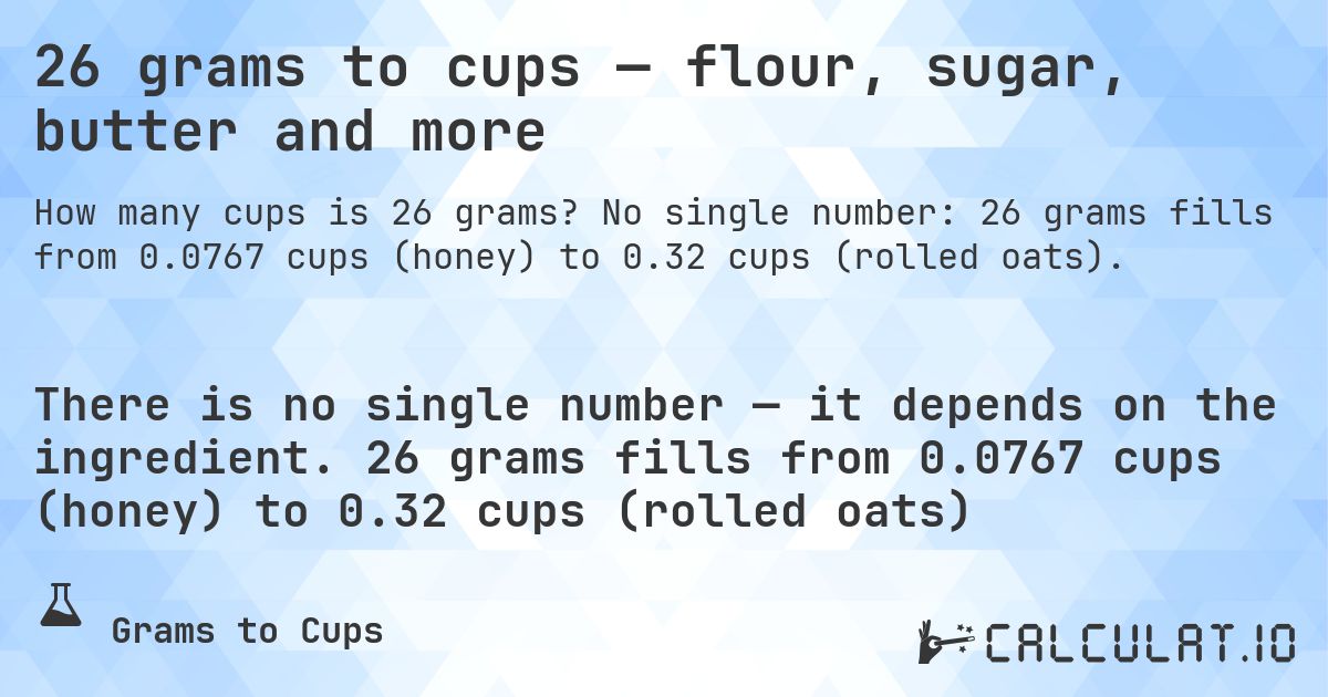 26 grams to cups — flour, sugar, butter and more. No single number: 26 grams fills from 0.0767 cups (honey) to 0.32 cups (rolled oats).