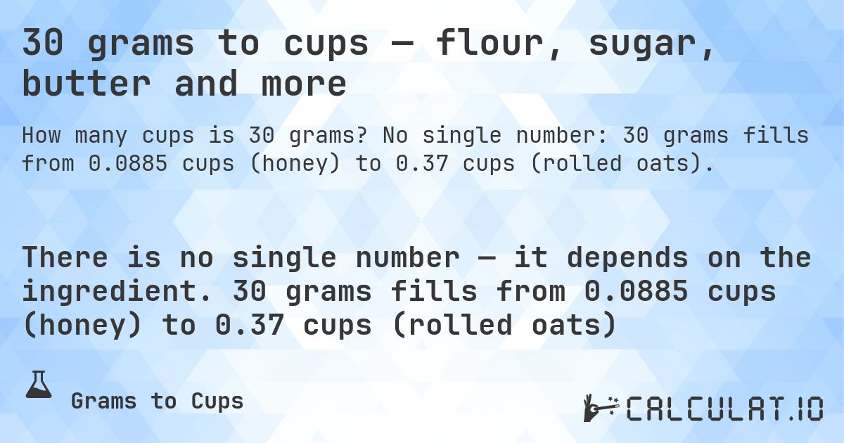 30 grams to cups — flour, sugar, butter and more. No single number: 30 grams fills from 0.0885 cups (honey) to 0.37 cups (rolled oats).