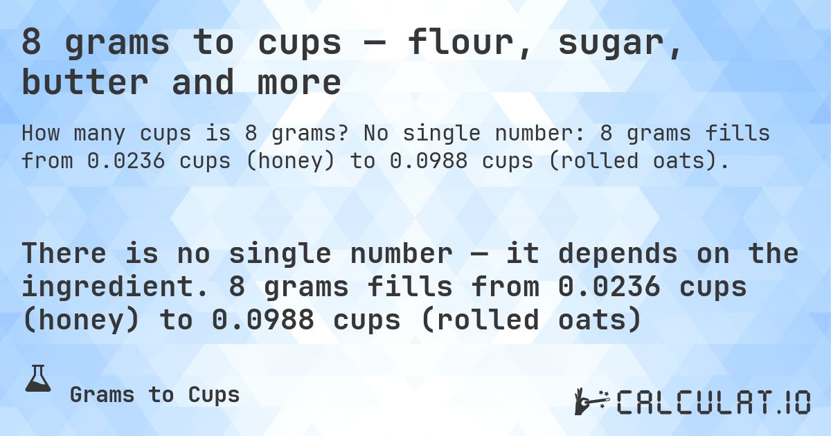 8 grams to cups — flour, sugar, butter and more. No single number: 8 grams fills from 0.0236 cups (honey) to 0.0988 cups (rolled oats).