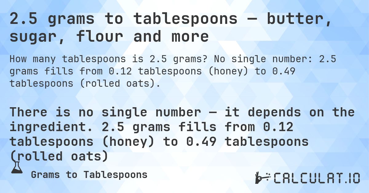 2.5 grams to tablespoons — butter, sugar, flour and more. No single number: 2.5 grams fills from 0.12 tablespoons (honey) to 0.49 tablespoons (rolled oats).