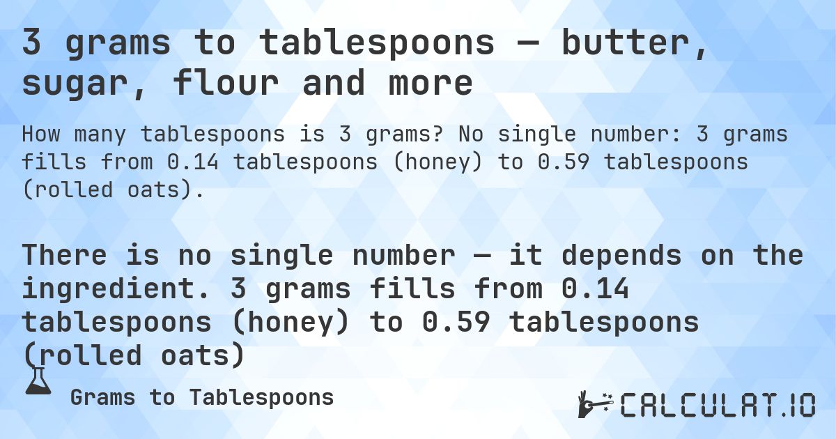 3 grams to tablespoons — butter, sugar, flour and more. No single number: 3 grams fills from 0.14 tablespoons (honey) to 0.59 tablespoons (rolled oats).