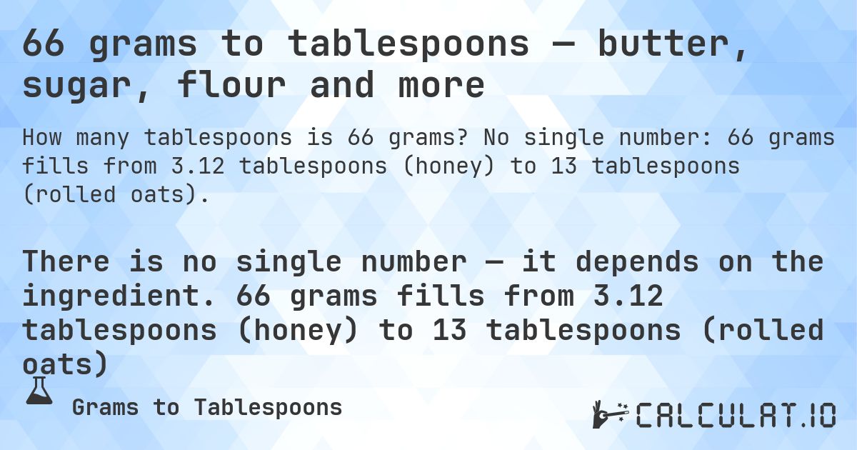 66 grams to tablespoons — butter, sugar, flour and more. No single number: 66 grams fills from 3.12 tablespoons (honey) to 13 tablespoons (rolled oats).