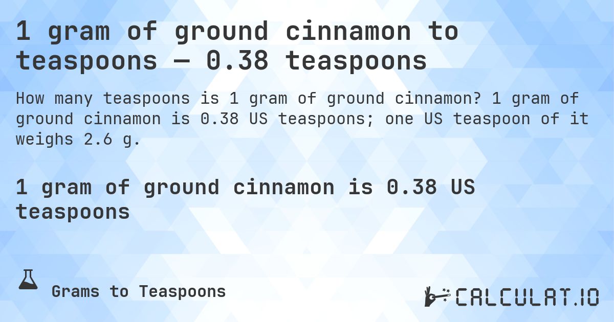 1 gram of ground cinnamon to teaspoons — 0.38 teaspoons. 1 gram of ground cinnamon is 0.38 US teaspoons; one US teaspoon of it weighs 2.6 g.