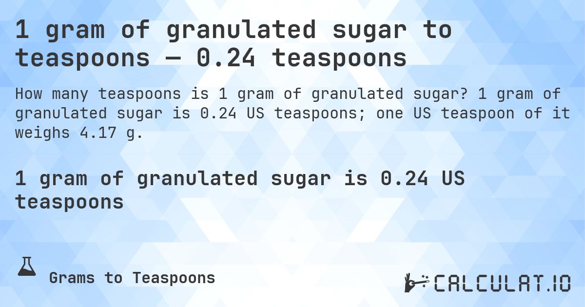 1 gram of granulated sugar to teaspoons — 0.24 teaspoons. 1 gram of granulated sugar is 0.24 US teaspoons; one US teaspoon of it weighs 4.17 g.