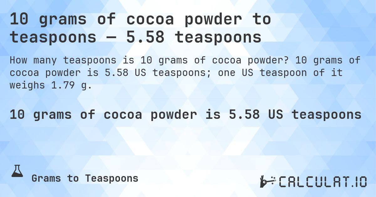 10 grams of cocoa powder to teaspoons — 5.58 teaspoons. 10 grams of cocoa powder is 5.58 US teaspoons; one US teaspoon of it weighs 1.79 g.