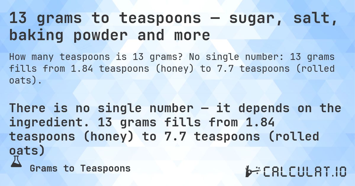 13 grams to teaspoons — sugar, salt, baking powder and more. No single number: 13 grams fills from 1.84 teaspoons (honey) to 7.7 teaspoons (rolled oats).