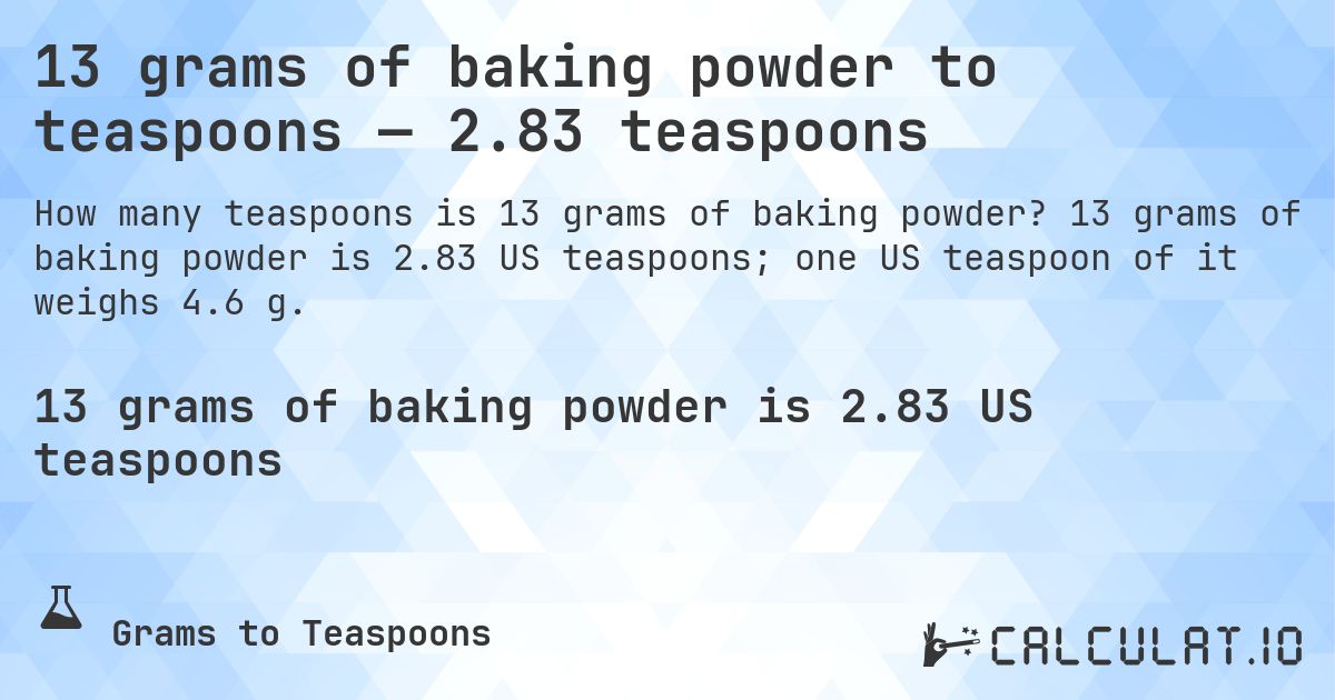 13 grams of baking powder to teaspoons — 2.83 teaspoons. 13 grams of baking powder is 2.83 US teaspoons; one US teaspoon of it weighs 4.6 g.