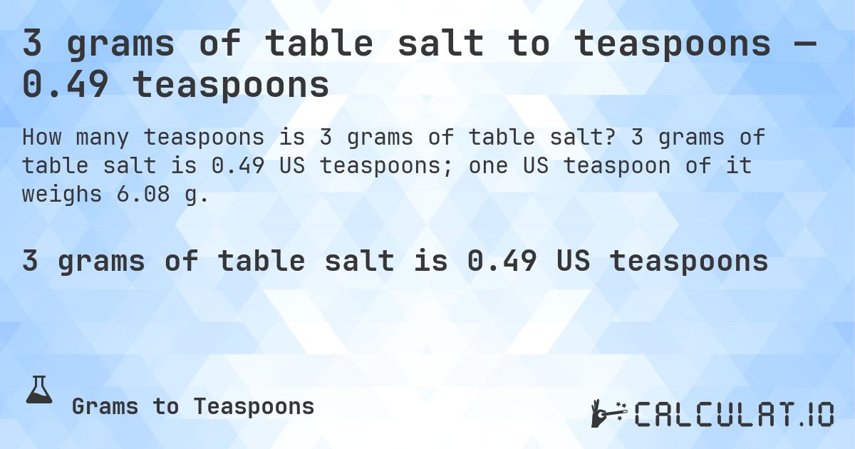 3 grams of table salt to teaspoons — 0.49 teaspoons. 3 grams of table salt is 0.49 US teaspoons; one US teaspoon of it weighs 6.08 g.